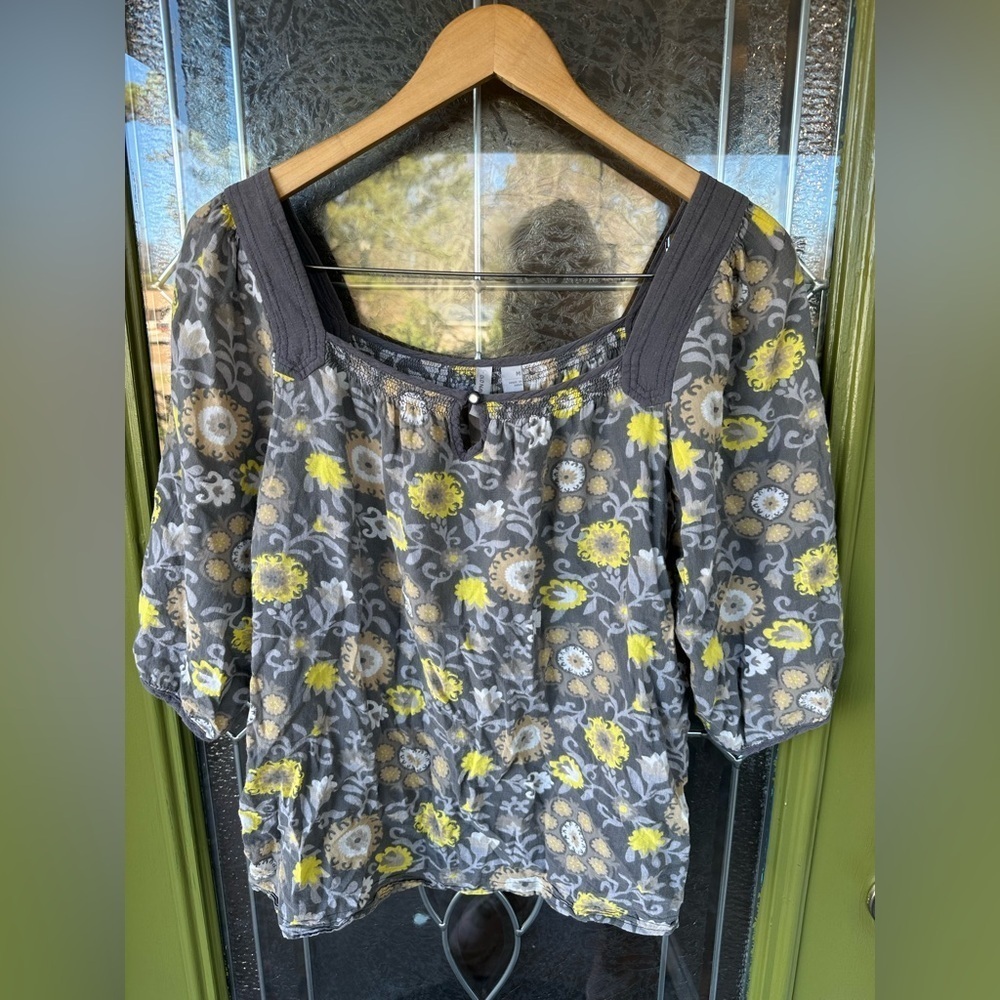 Medium Gray Boho Floral Baggy 100% Cotton Keyhole Smock Neck 3/4 Sleeve Blouse